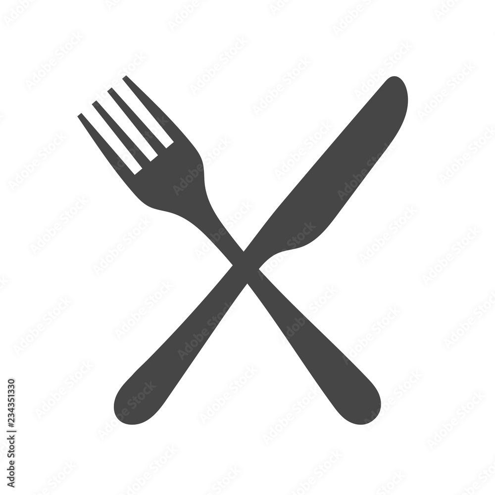 Black silhouette of crossed fork and knife icon vector isolated. Black silhouette of crossed fork and knife icon vector isolated.