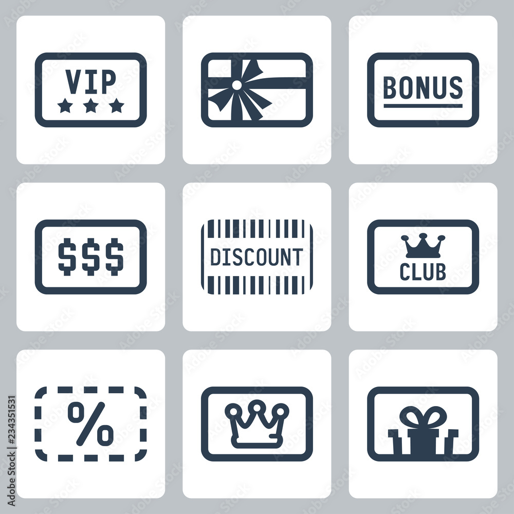 Special cards icons set: VIP, gift, bonus, discount, club card Special cards icons set: VIP, gift, bonus, discount, club card