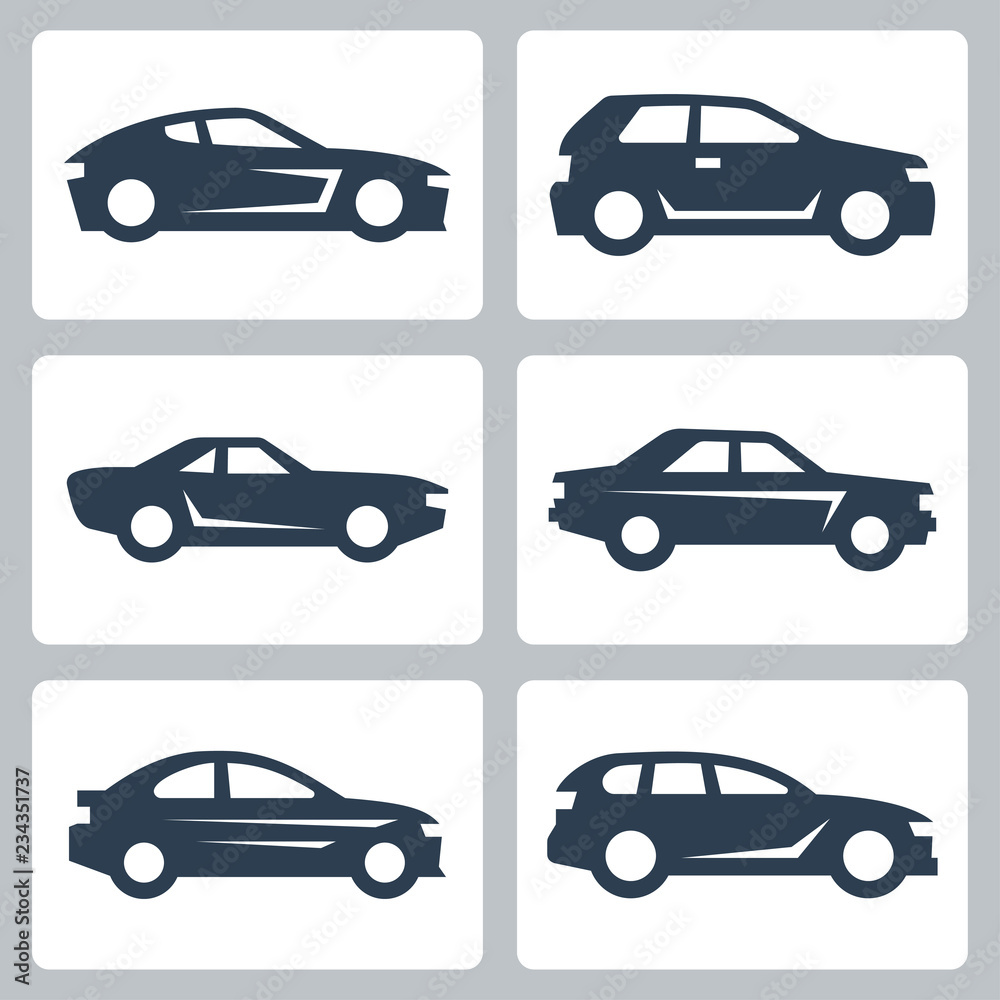 Vector cars icons set, side view - obrazy, fototapety, plakaty 