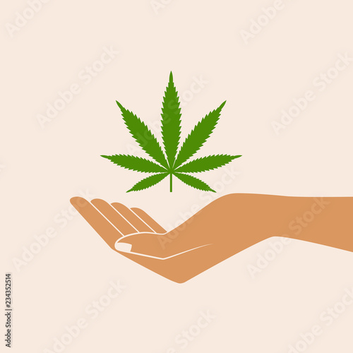 Hand holding marijuana leaf. Medical concept. Cannabis legalization. Icon product label and logo graphic template. Isolated vector illustration.