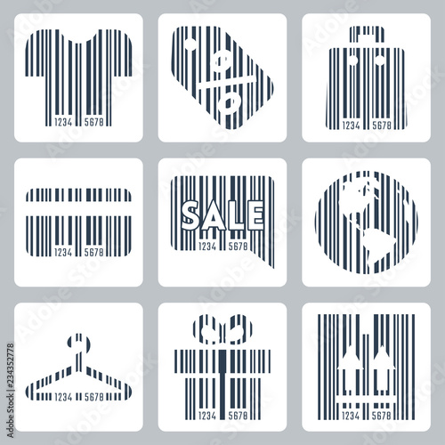 Shopping related concept icons set , barcode style