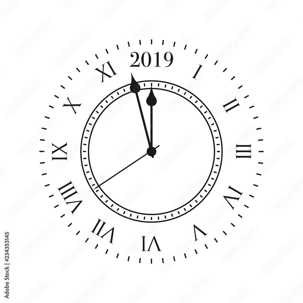 2019 clock. Round retro clock with Roman numbers, and 2019 midnight numbers. 2019 clock. Round retro clock with Roman numbers, and 2019 midnight numbers.