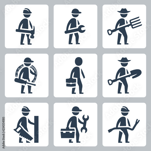 Workers vector icon set: builder, machinist, farmer, electrician, businessman, carpenter