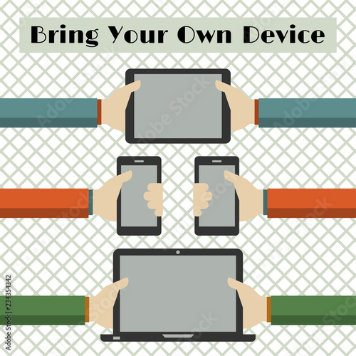 Vector illustration of Bring Your Own Device or BYOD concept in flat style photo