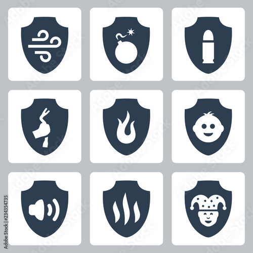 Protection and resistance related vector icon set: airproof, bombproof, bulletproof, burglarproof, flameproof, childproof, foolproof and etc.