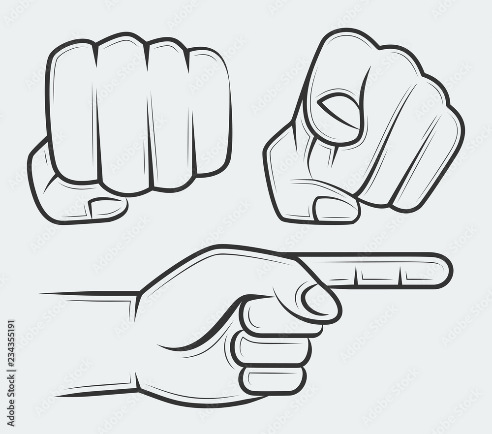 Fototapeta premium Punching fist, hand with index finger pointing at the viewer and side view pointing hand
