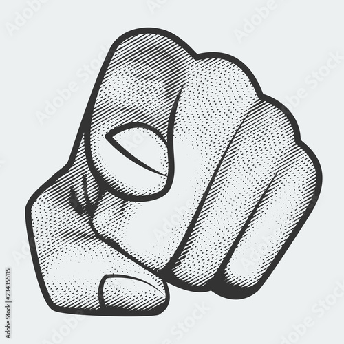 Hand with index finger pointing at the viewer, engraving style