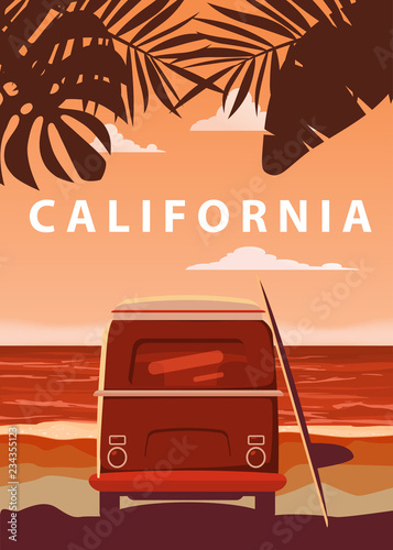Surfer orange bus, van, camper with surfboard on the tropical beach. Poster California palm trees and blue ocean behind. Retro illustration of modern design, isolated, vector
