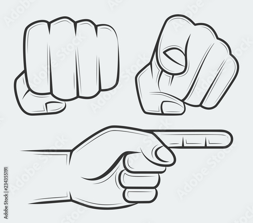 Punching fist, hand with index finger pointing at the viewer and side view pointing hand
