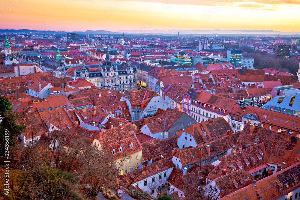 Amazing Graz cityscape red rooftops sundown view