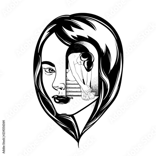 Vector hand drawn illustration of beautiful woman. Surreal tattoo artwork. Template for card, poster, banner, print for t-shirt, pin, badge and patch.