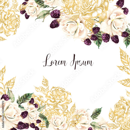 Wedding cards with golden graphic and watercolor flowers and berries.