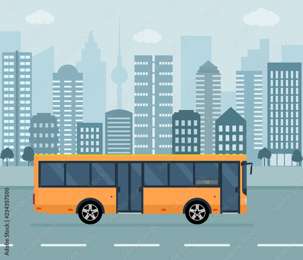 Orange bus on city background. Concept of public transport. Flat style vector illustration. Orange bus on city background. Concept of public transport. Flat style vector illustration.