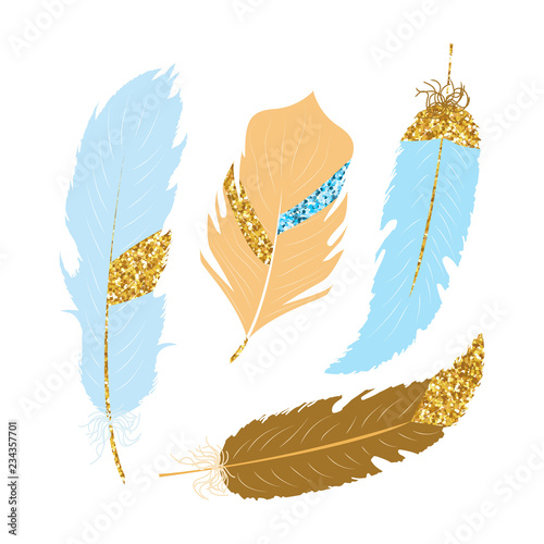Set of blue and gold glitter feather. Fashion graphic. Vector hand drawn illustration.