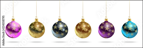 Happy New Year! Realistic Christmas glass balls with a pattern of gold stars. Set of vector decorative objects.