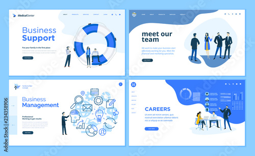 Set of flat design web page templates of business support, management, our team, career. Modern vector illustration concepts for website and mobile website development. 