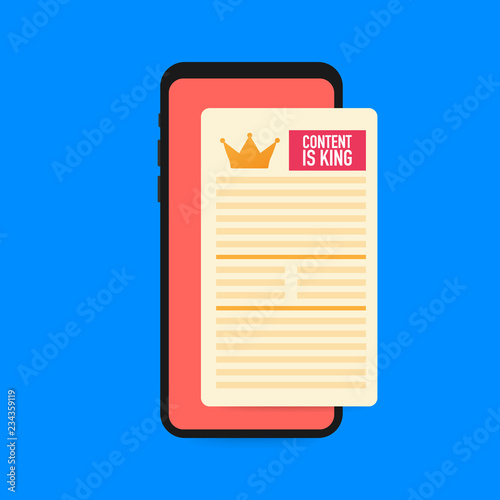 Content is king on smart phone screen. SEO search engine optimization and content marketing concept. Vector illustration.