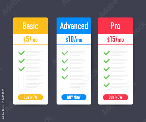 Set of clean price list. Three banners with tariffs. Flat web promo elements. Vector illustration.