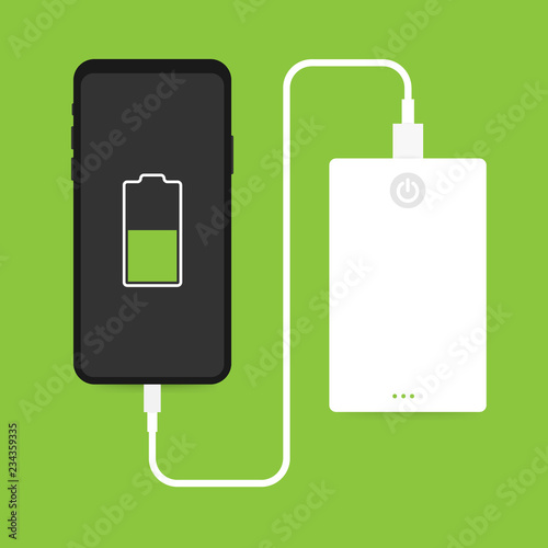 Flat isometric Smartphone USB cable connection with external power bank. Vector illustration.