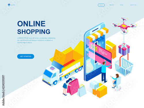 Modern flat design isometric concept of Online Shopping decorated people character for website and mobile website development. Isometric landing page template. Vector illustration.