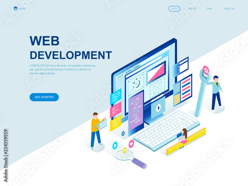 Modern flat design isometric concept of Web Development decorated people character for website and mobile website development. Isometric landing page template. Vector illustration.