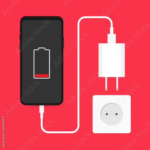 Smartphone charger adapter and electric socket, low battery notification. Vector illustration.