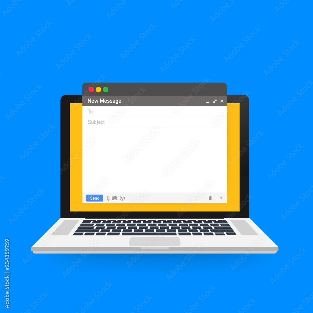 Email template. Blank e-mail browser window. Mail message web page vector frame on laptop screen. Vector illustration. Email template. Blank e-mail browser window. Mail message web page vector frame on laptop screen. Vector illustration.