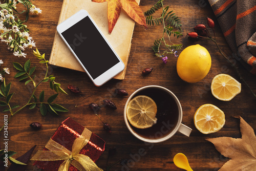 Smartphone mock up with autumn season decoration