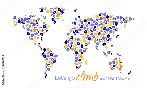 World map made up of climbing grips. Poster or t-shirt design. Color vector illustration.
