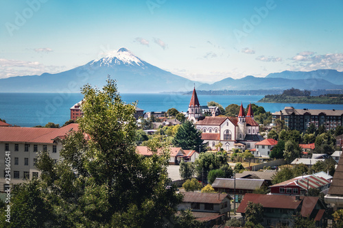 Aerial view of Puerto Varas with Sacred Heart Church and Osorno Volcano - Puerto Varas, Chile photo