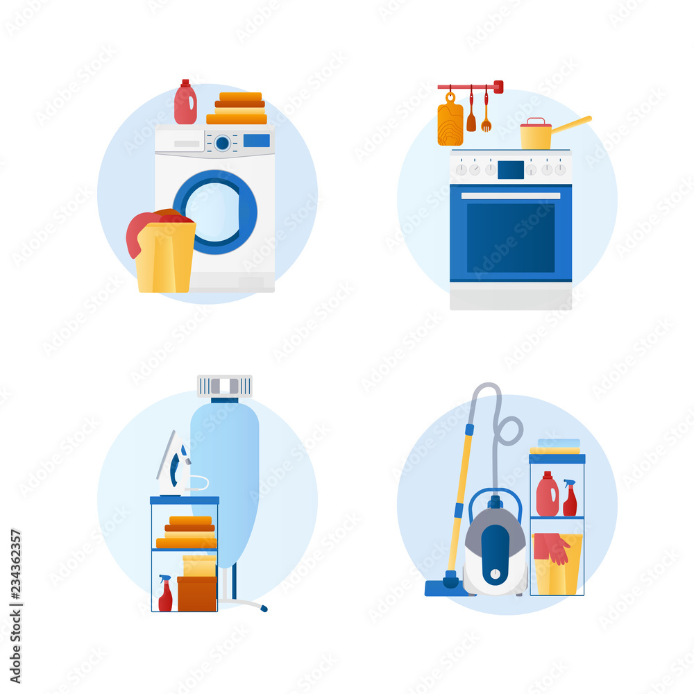 Set of flat design vector icons of housekeeping, homework, laundry, Set of flat design vector icons of housekeeping, homework, laundry,