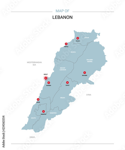 Lebanon vector map. Editable template with regions, cities, red pins and blue surface on white background. 