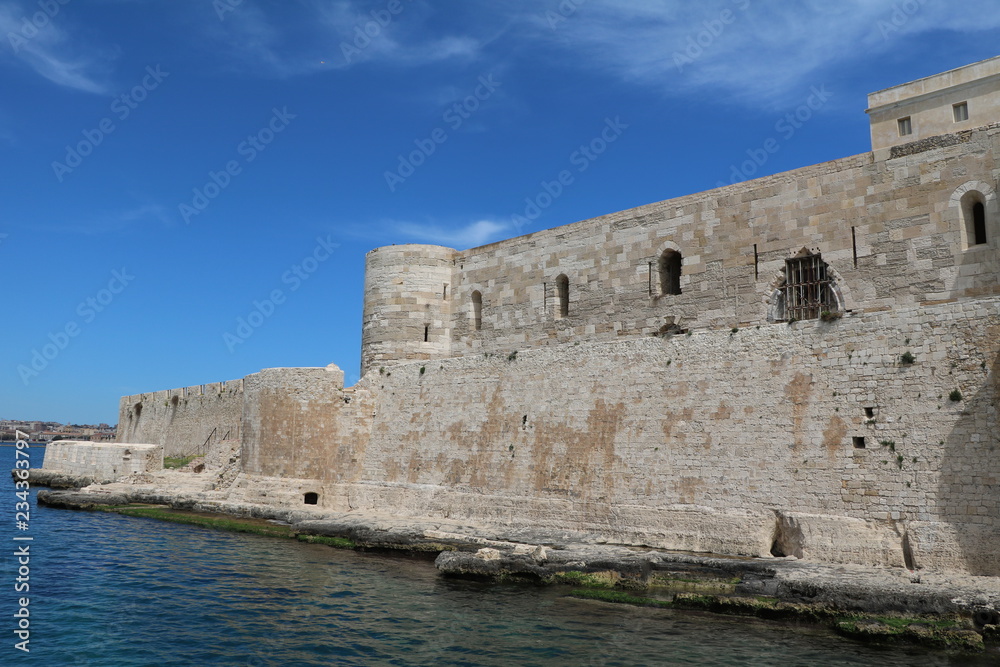View from Mediterranean Sea to Castello Maniace in Ortigia Syracuse, Sicily Italy