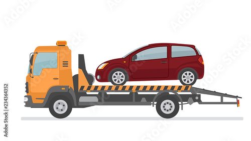 Broken car on tow truck. Isolated on white background. Flat style  vector illustration. 