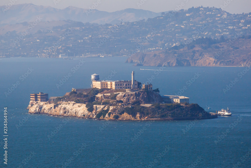 View of Alcatraz Island with famous prison in San Francisco Bay Area, California, United States, summer sunny day
