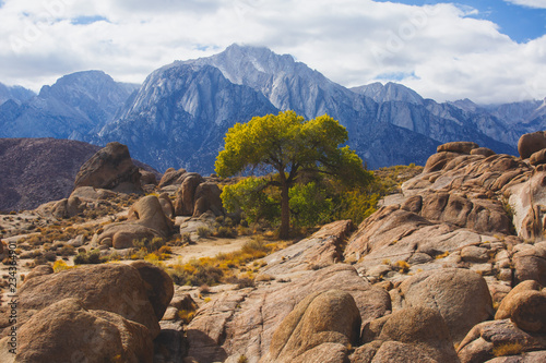 View of Alabama Hills, famous filming location rock formations near the eastern slope of Sierra Nevada, Owens Valley, west of Lone Pine in Inyo County, Inyo National Forest, California, United States. photo