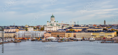 Ariel view of Helsinki with a Cathedral church and Market Square area on the shore of Baltic Sea in Helsinki, Finland.