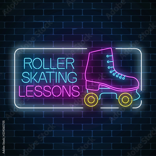 Roller skating lessons advertising sign. Retro roller skates glowing neon sign. Skate zone symbol in neon style.