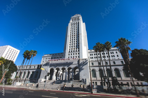 View of Los Angeles City Hall, Civic Center district of downtown LA, California, United States of America, summer sunny day