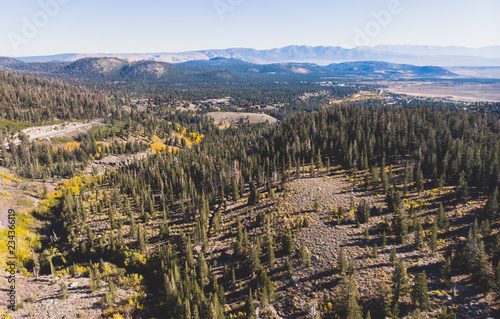 View of Twin Lakes, Lake George, the southeastern slope of Mammoth Mountain, Mono County, eastern California, eastern Sierra Nevada, Inyo National Forest, shot from drone, summer view