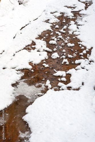Stream flowing through snowy landscape. © ekim