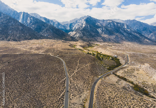 View of Lone Pine Peak, east side of the Sierra Nevada range, the town of Lone Pine, California, Inyo County, United States of America, John Muir Wilderness, Inyo National Forest, shot from drone