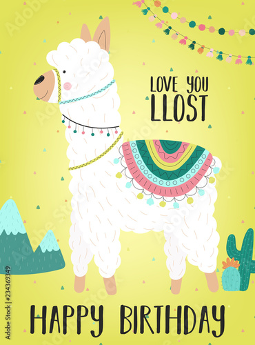 Vector illustration of a hand-drawn llama or alpaca in national South American clothing with decorations, cacti, inscription Love you lost. Image for children, textiles, clothing, cards, invitation.