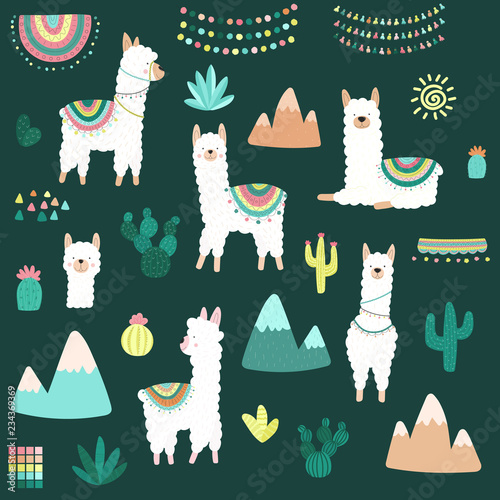 Vector illustration of a hand-drawn collection of white llamas cacti, mountains, clothes, ornaments on the dark background. Image on South American themes for children, textiles, cards, invitations.
