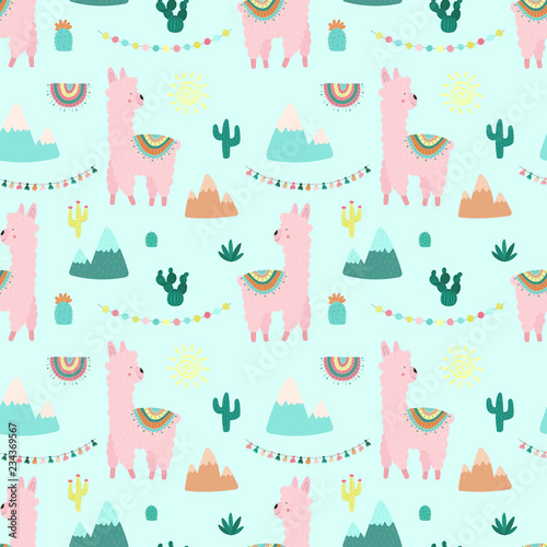 Seamless pattern of cute pink llamas or alpacas, mountains, cacti, garland, sun on a blue background. Image for children, room, textile, clothes, cards, wrapping paper. Hand-drawn illustration.