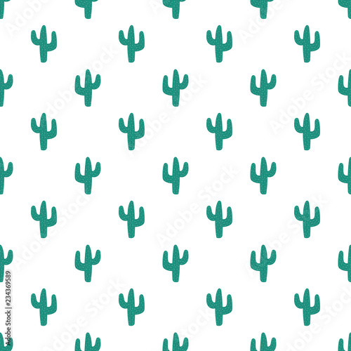 Seamless pattern of hand-drawn cacti. Image of a green cactus with prickles. Illustration for children, room, textile, clothes, cards, wrapping paper.