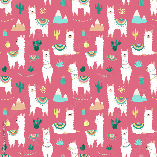 Seamless pattern of cute hand-drawn white llamas or alpacas, cacti, mountains, sun, garlands on a pink background. Illustration for children, room, textile, clothes, cards, wrapping paper.