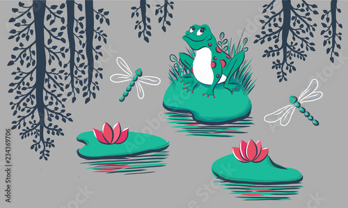 Pattern with frog, water lily, dragonfly, tree reflection on grey background. Hand drawn vector illustration can be used as a print for baby apparel, cards, packaging design. Smiled frog ornament.