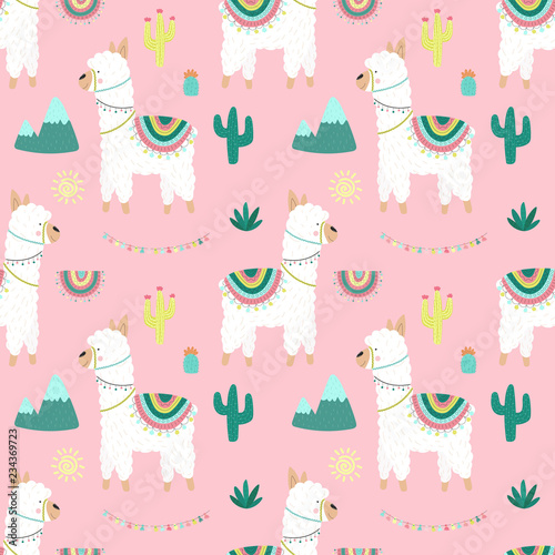 Seamless pattern of hand-drawn white llamas or alpacas, cacti, mountains, sun, garlands on a pink background. Illustration for children, room, textile, clothes, cards, wrapping paper.
