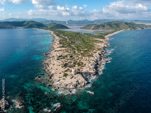 Ibiza island. Punta de Ses Portes. Ses Salines beach on the left and Es Cavallet beach on the right.
